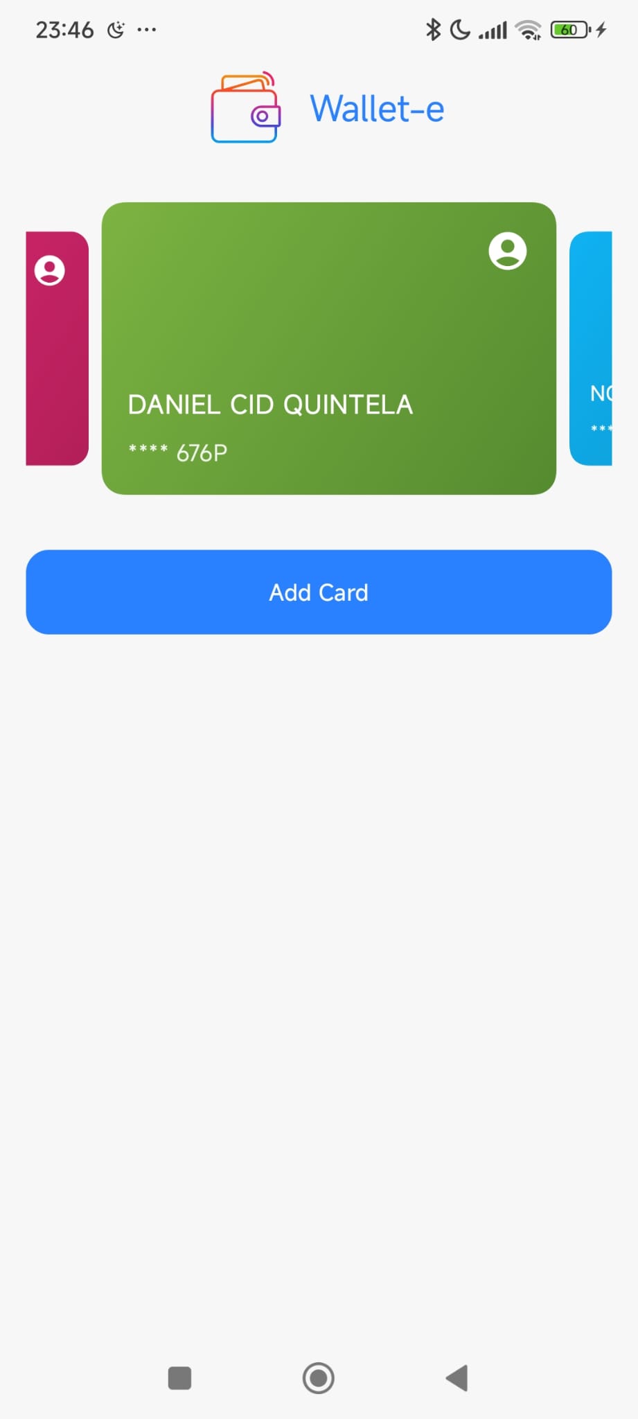 Captura de pantalla de la aplicación Wallet-E